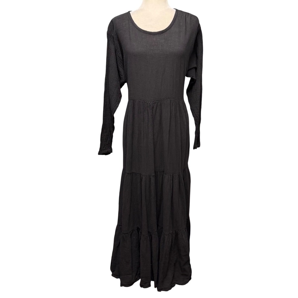Vintage J. Peterman Company Dress Womens M Black Tiered Boho‎ Gauze Maxi Pocket